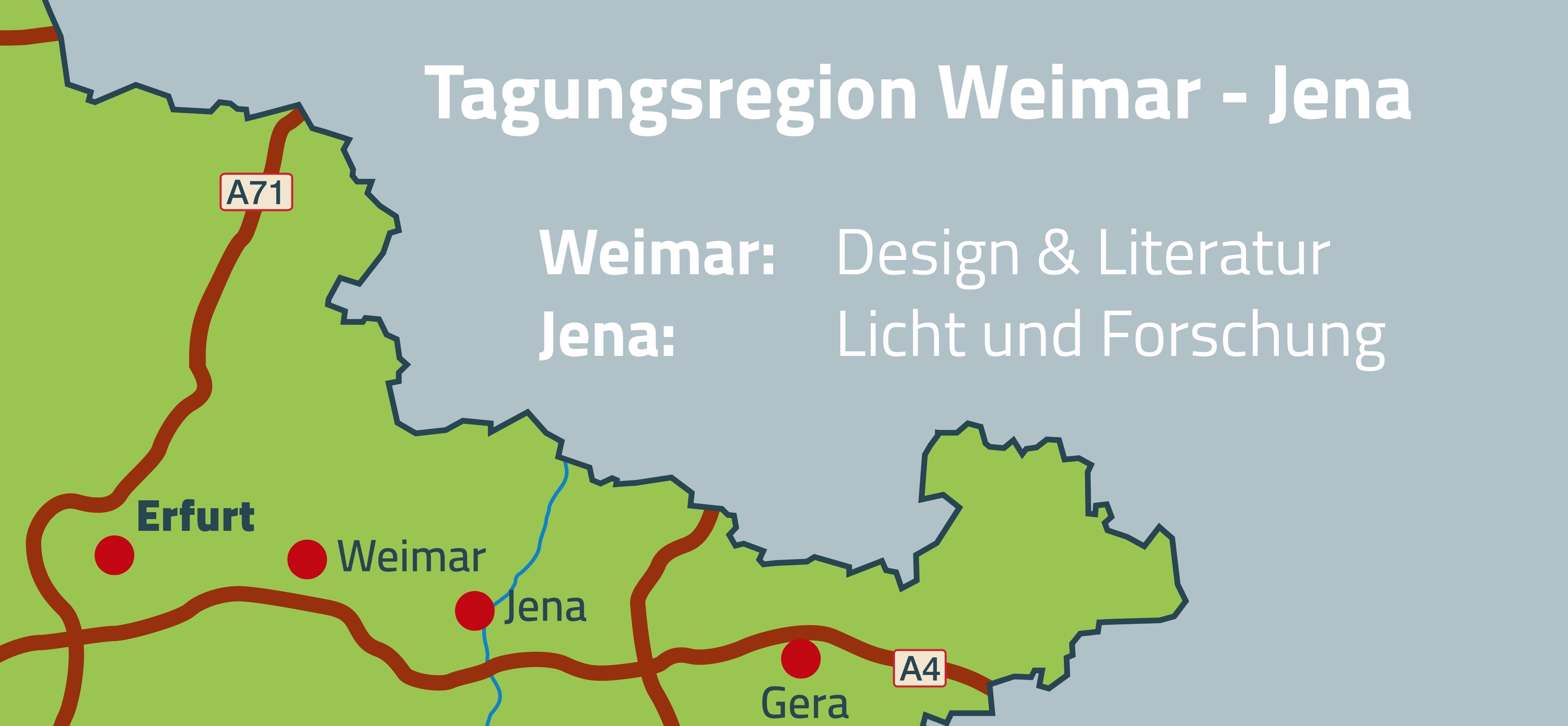 Karte mit Erfurt, Weimar und Jena